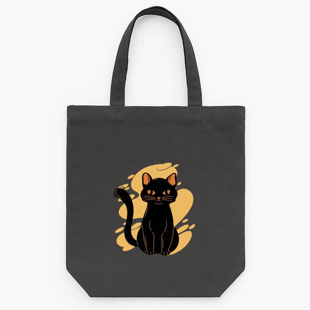 Black Cat Sitting Yellow Background Tote Canvas Bag