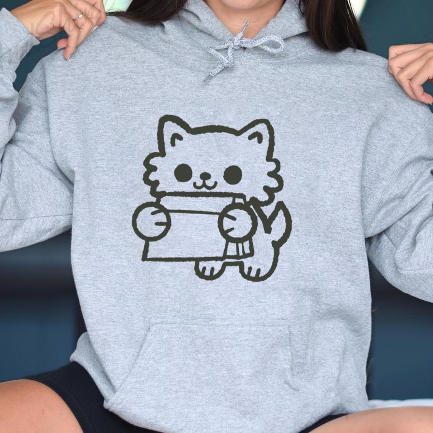 Black Drawing Of A Cat Holding A Gift Hoodie