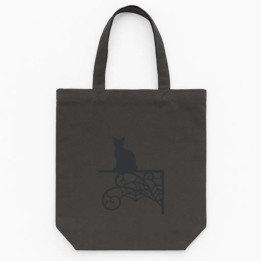 Cat Sitting On A Shelf With Spider Webs Tote Canvas Bag