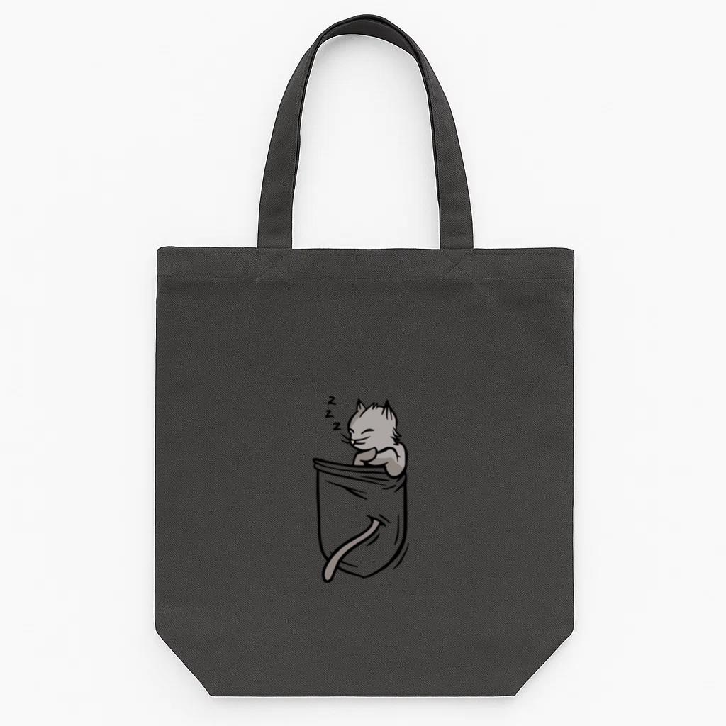 Gray Cat Sleeping Inside Pocket Tote Canvas Bag